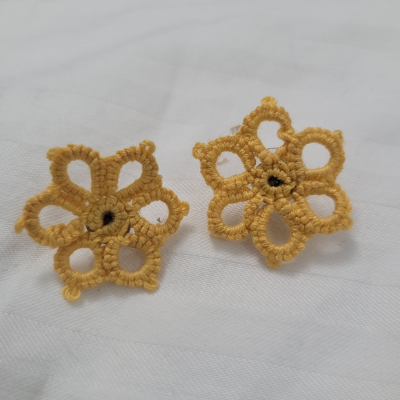 Vintage Jewelry - Vintage Handmade Crocheted Crochet Yellow Flower Earrings